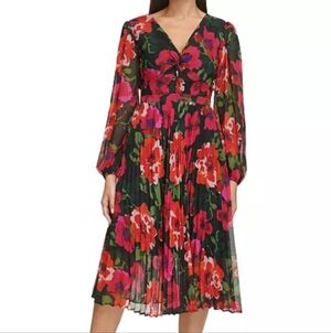 Kensie Black Floral Chiffon V-neck Pleated Long Sleeve Midi Spring Dress Size 4